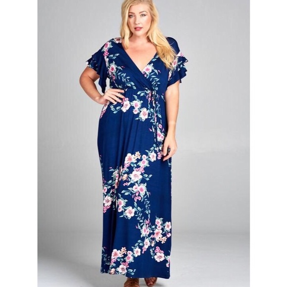 Plus Size Blue Floral Faux Wrap Maxi Dress - Picture 4 of 5